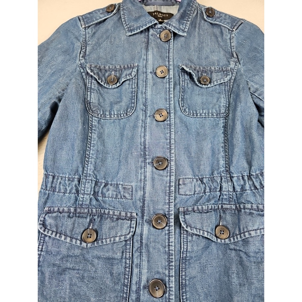Talbots Petite Denim Utility Jacket Size P Blue Drawstring Waist Cotton/Hemp - Picture 4 of 12